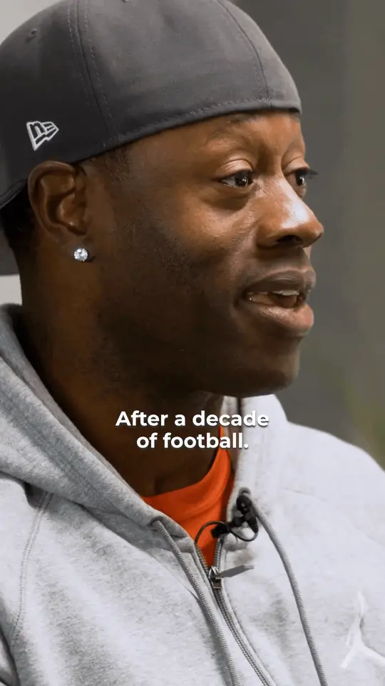 Patient story clip: a former football player talks on camera. Burned-in captions read: After a decade of football. You can imagine.