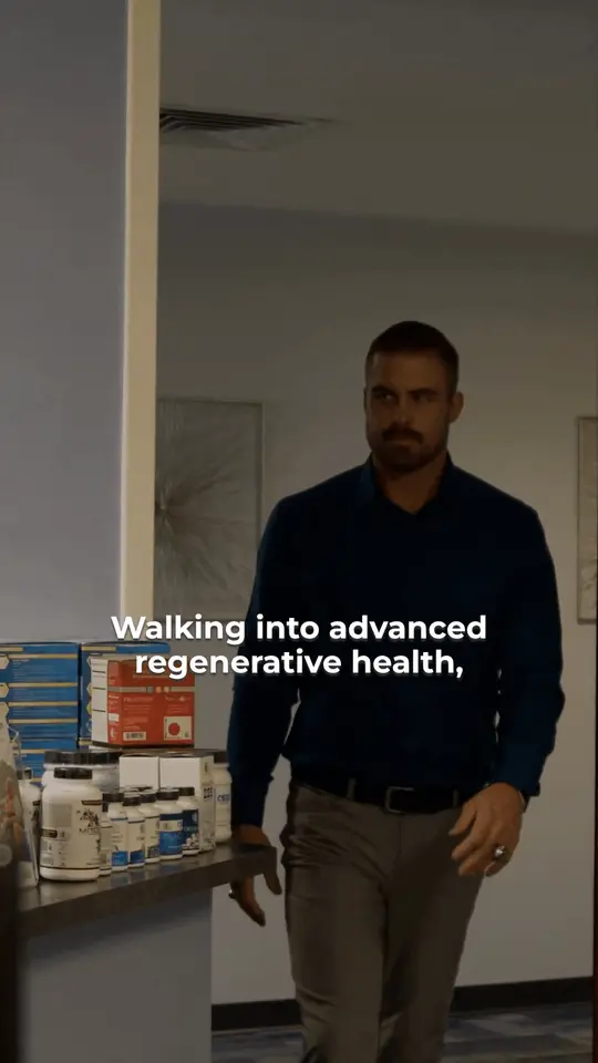 Patient story clip: a man walks into the clinic. Burned-in captions read: Walking into advanced regenerative health, I was extremely impressed.