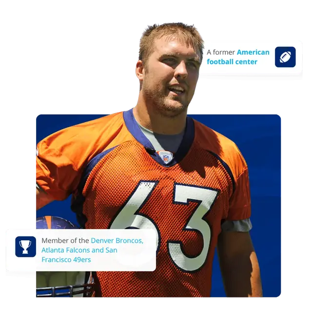 Endorsement card for a former American football center, member of the Denver Broncos, Atlanta Falcons and San Francisco 49ers