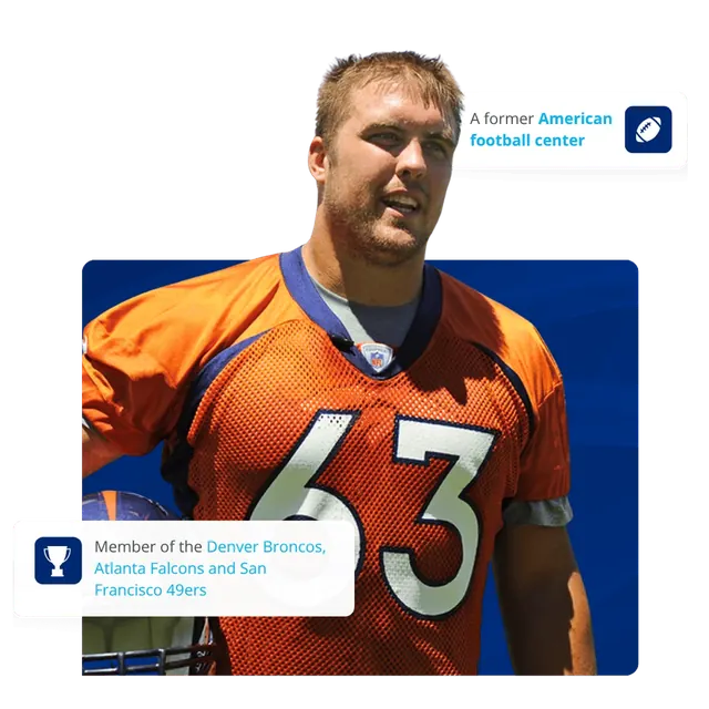 Endorsement card: a former American football center, member of the Denver Broncos, Atlanta Falcons and San Francisco 49ers