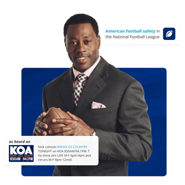 Endorsement card: an American football safety in the National Football League, as heard on KOA radio